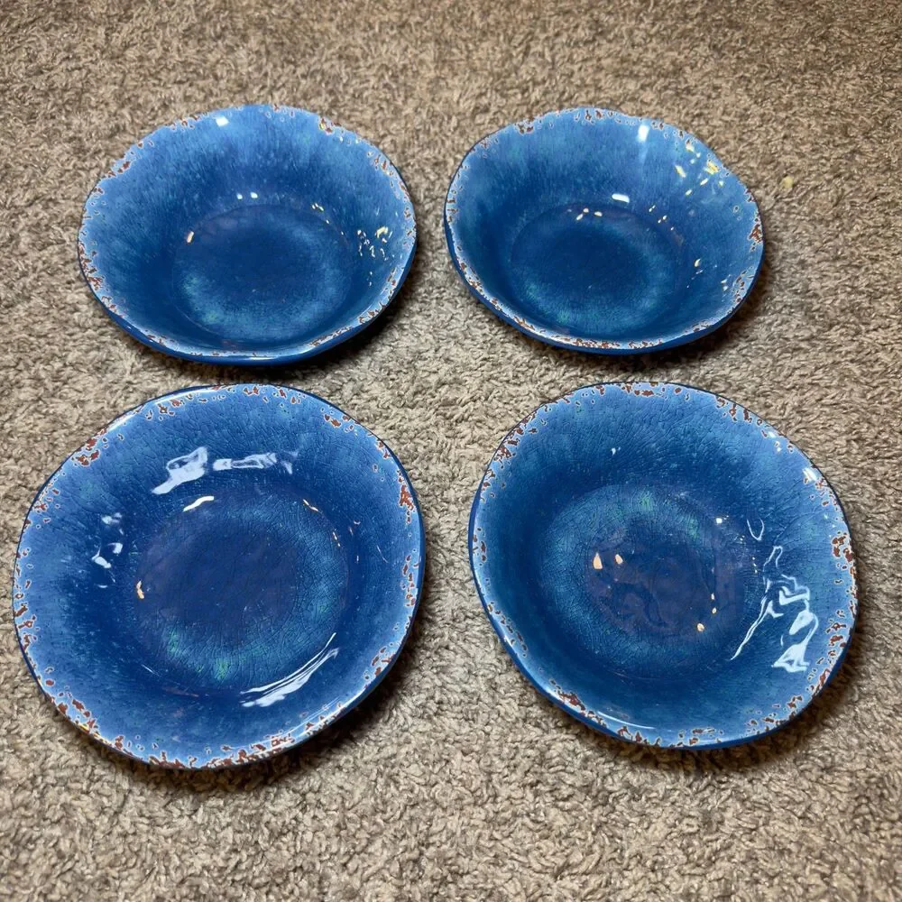 Pier 1 Carmelo Melamine Blue Crackle Rustic Plates Bowls Snack Dish LOT of 9
